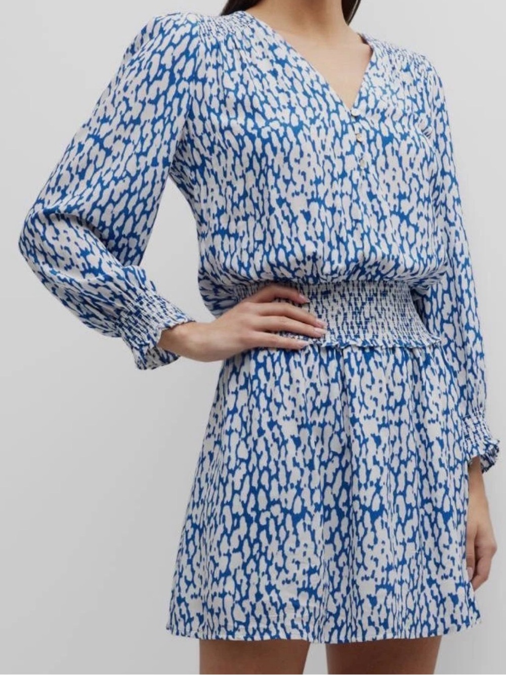 Rails Zana Mini Dress XS Cobalt Static Leopard Smocked Long Sleeve